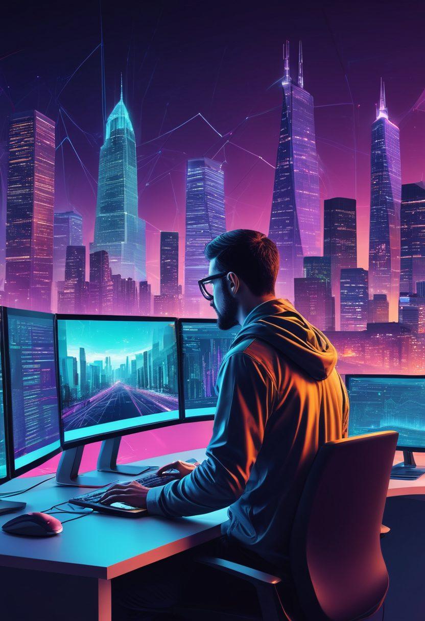 A dynamic and detailed illustration of a web developer at a desk with multiple screens displaying code, SEO analytics, and marketing tools, all interconnected by vibrant digital networks. The background features a cityscape with skyscrapers symbolizing online growth and presence. futuristic. vibrant colors. high-tech aesthetic.