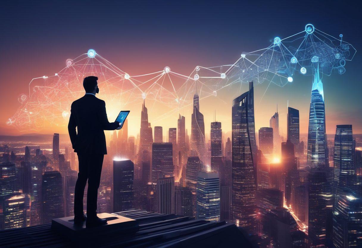 A dynamic and modern digital marketing scene with vibrant colors, depicting a bustling cityscape of skyscrapers made of SEO keywords, social media icons, and marketing tools. A silhouette of a businessperson standing confidently on a rooftop, overlooking the city with a laptop and a megaphone in hand. The sky is filled with upward-trending graphs and glowing network lines. super-realistic. vibrant colors. futuristic style.